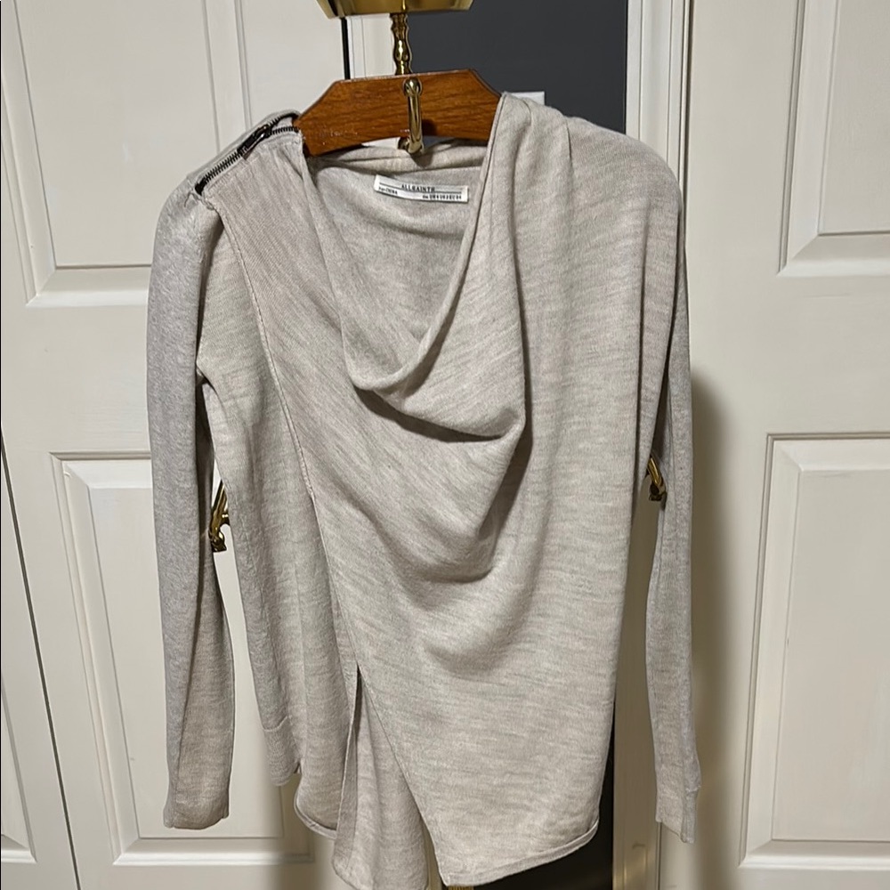 ALLSAINTS Wool Lightweight Dina Beige Shoulder Zip Cardigan Sz 2